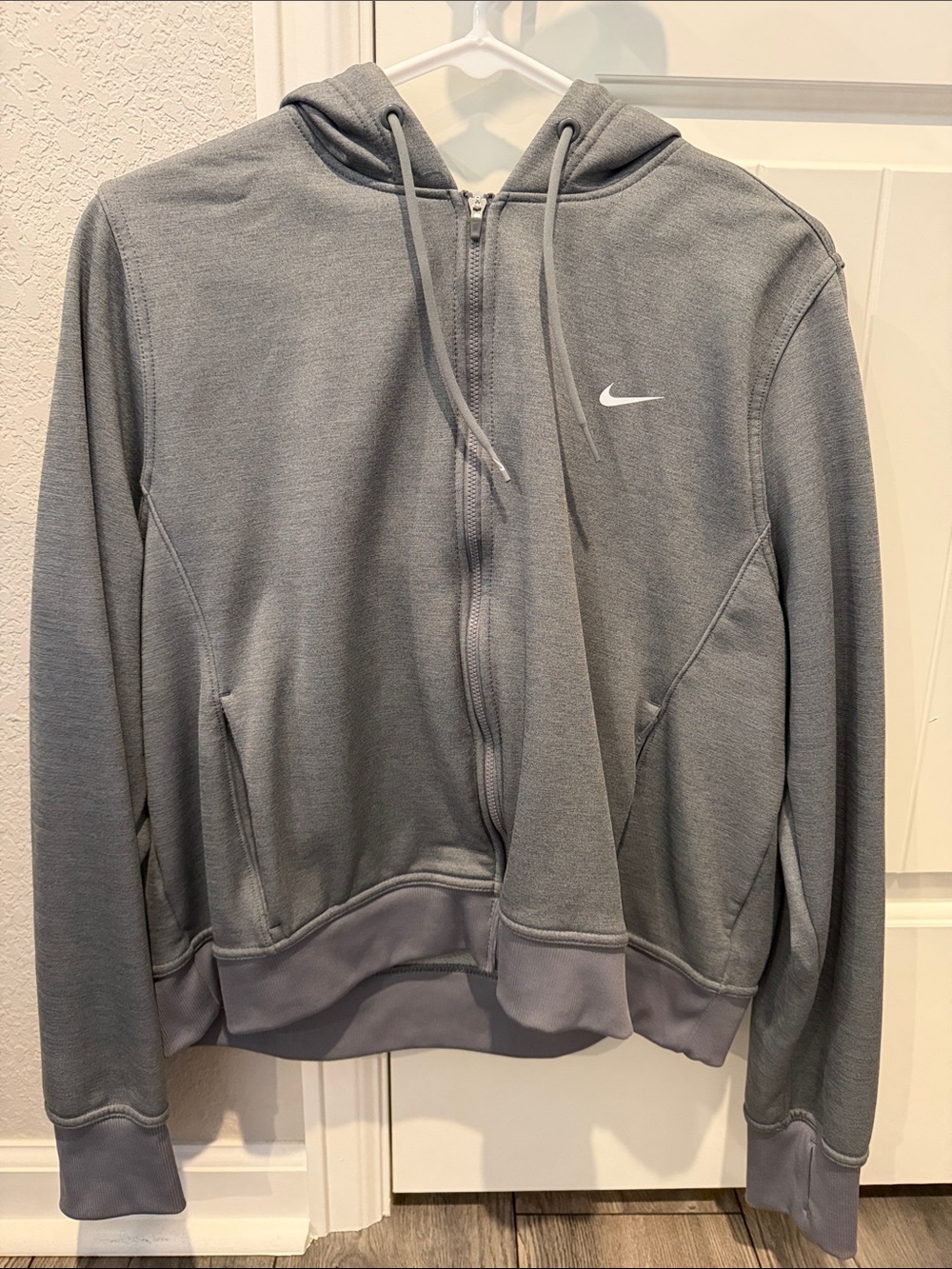 Nike Grey Zip-Up Hooded Sweatshirt with White Swoosh